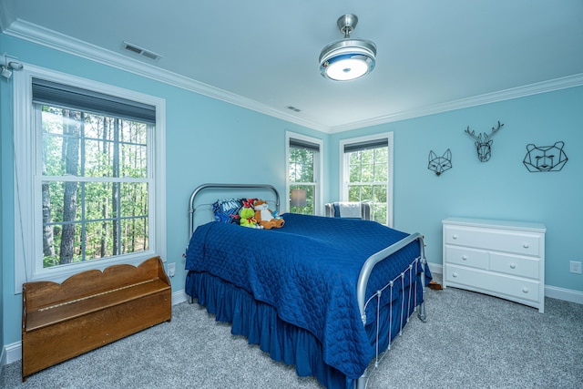 carpeted bedroom featuring crown molding and baseboards