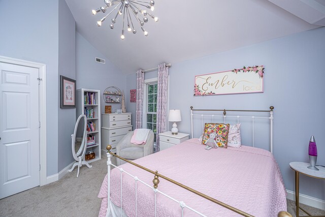 carpeted bedroom featuring baseboards, a chandelier, and high vaulted ceiling