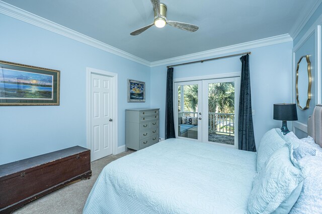 carpeted bedroom with access to outside, ornamental molding, french doors, ceiling fan, and baseboards