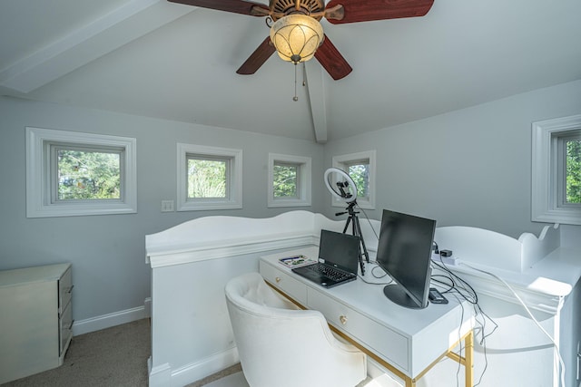 office space featuring a ceiling fan, baseboards, and carpet