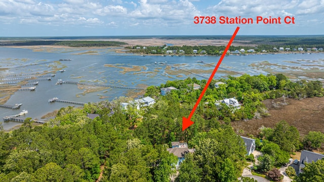 view of property location featuring a nearby body of water and numerous boat docks