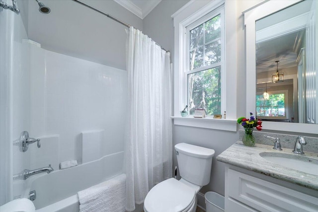 full bath with crown molding, vanity, plenty of natural light, and toilet