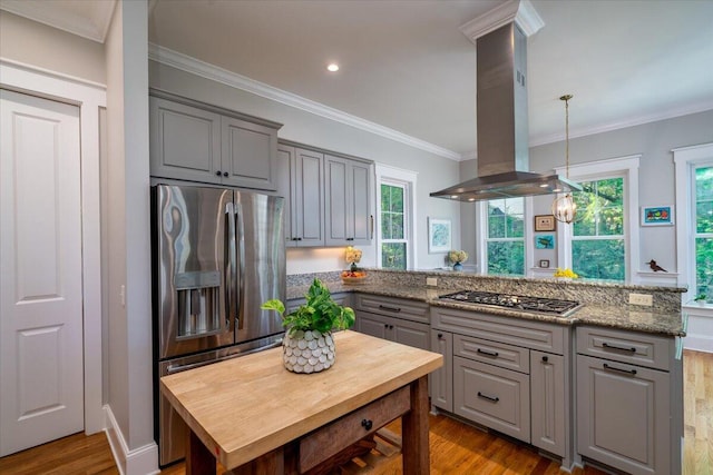 kitchen with stainless steel appliances, gray cabinetry, island exhaust hood, and a peninsula