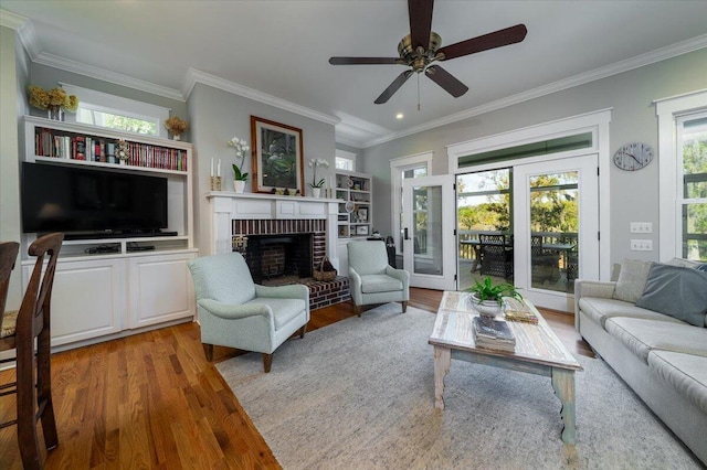 living area featuring ornamental molding, a wealth of natural light, wood finished floors, and a fireplace