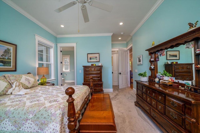 bedroom with carpet flooring, recessed lighting, baseboards, a ceiling fan, and ornamental molding