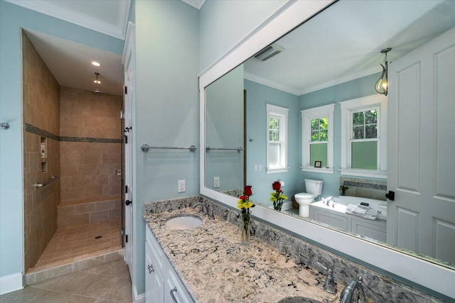 bathroom featuring double vanity, visible vents, a shower stall, a sink, and toilet