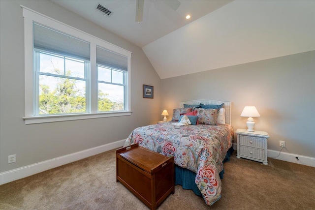 bedroom featuring visible vents, carpet, lofted ceiling, and baseboards