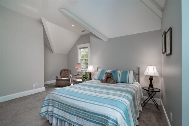 bedroom featuring baseboards, carpet, vaulted ceiling, and visible vents