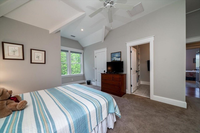 carpeted bedroom featuring baseboards, a ceiling fan, lofted ceiling, and visible vents