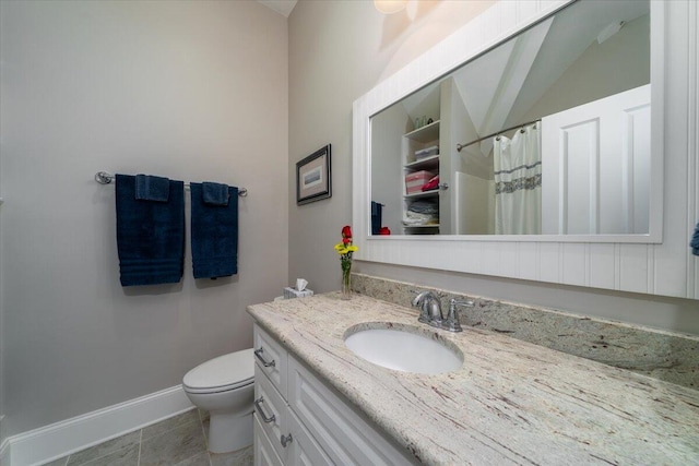 full bath featuring vanity, tile patterned flooring, toilet, baseboards, and a shower with curtain