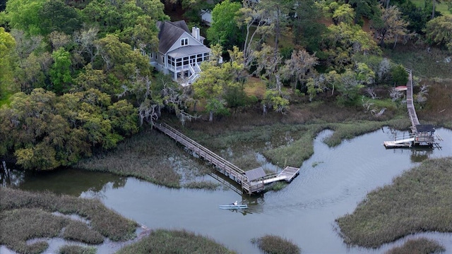 drone / aerial view featuring a water view