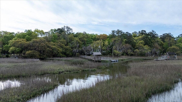 water view featuring a dock and a forest view