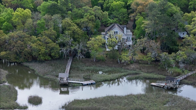 view of dock featuring a water view and a view of trees