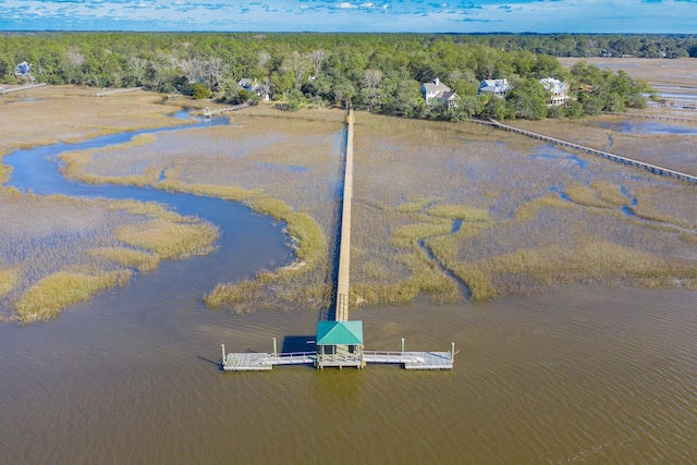 birds eye view of property with a water view and a wooded view