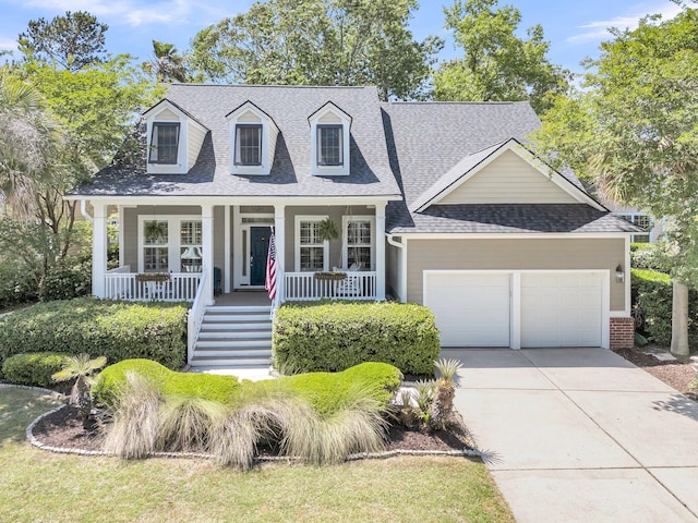 cape cod home with stairs, a shingled roof, concrete driveway, an attached garage, and a porch