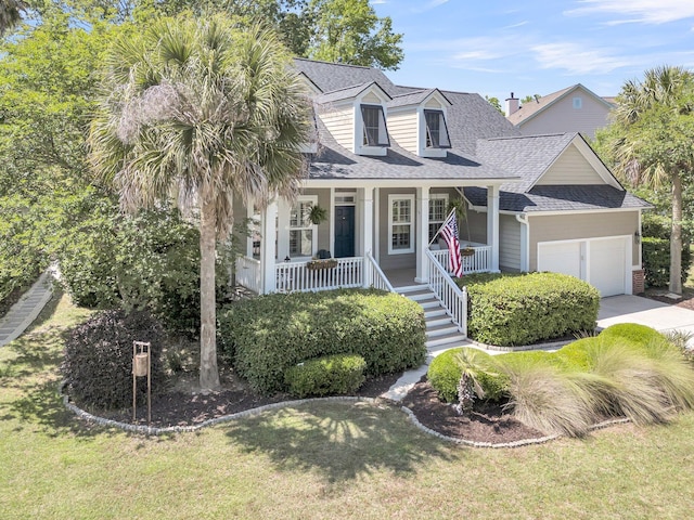 new england style home with a front lawn, an attached garage, roof with shingles, concrete driveway, and a porch