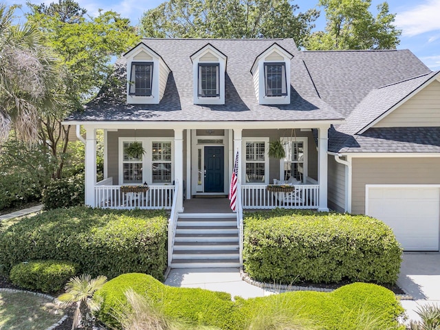 cape cod house featuring covered porch, concrete driveway, a shingled roof, and a garage
