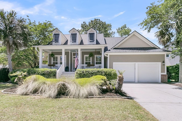 cape cod house featuring an attached garage, concrete driveway, a front lawn, and a porch
