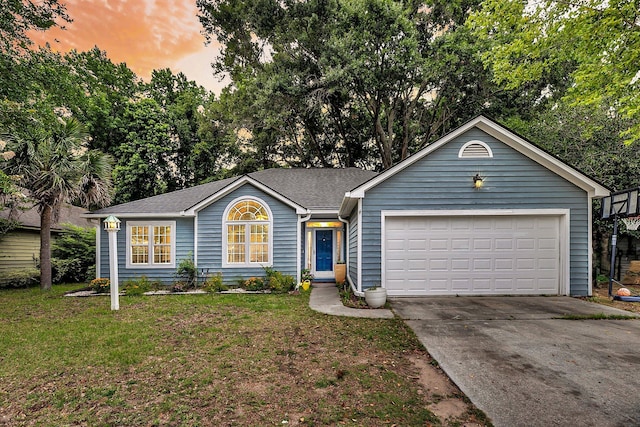1309 Llewellyn Rd, Mount Pleasant, SC 29464 - ranch-style home with driveway, a front lawn, a garage, and view of wooded area