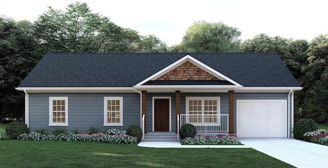 view of front of property with a porch, an attached garage, driveway, and a front yard