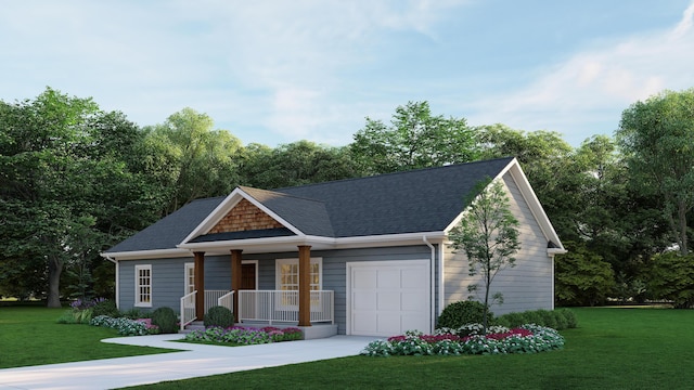 view of front facade with a porch, an attached garage, driveway, and a front lawn