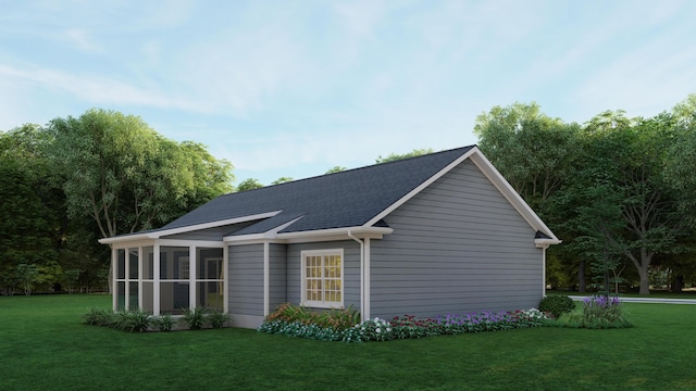 view of home's exterior featuring a shingled roof, a yard, and a sunroom