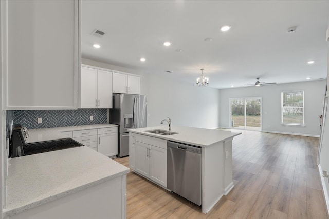 kitchen featuring stainless steel appliances, a sink, visible vents, white cabinetry, and a center island with sink