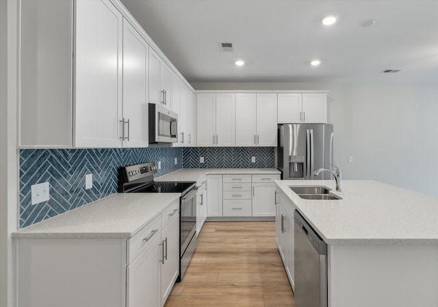 kitchen with stainless steel appliances, a sink, visible vents, and white cabinets