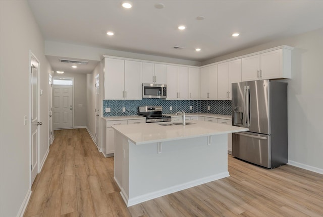 kitchen with stainless steel appliances, a sink, visible vents, white cabinets, and an island with sink