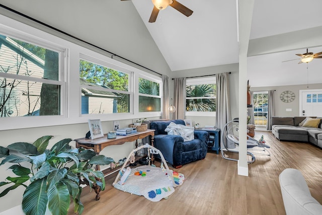 interior space featuring vaulted ceiling and a ceiling fan