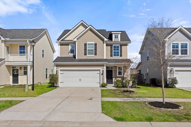 view of front of house with a garage, a front yard, concrete driveway, and board and batten siding