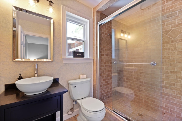 full bathroom with a shower stall, toilet, and vanity