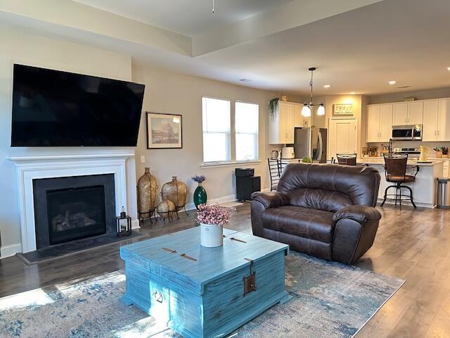 living room featuring a fireplace, wood finished floors, and baseboards