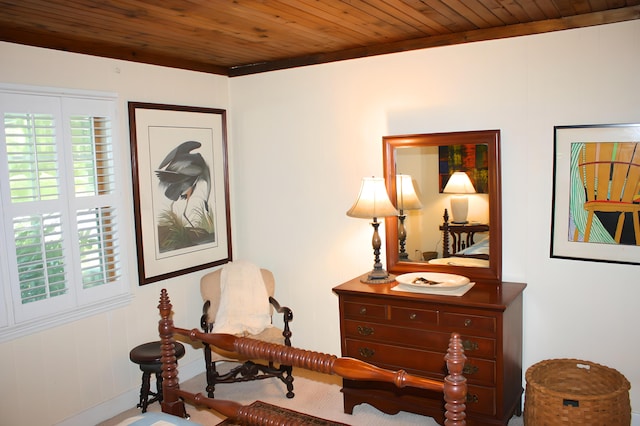 living area featuring wooden ceiling