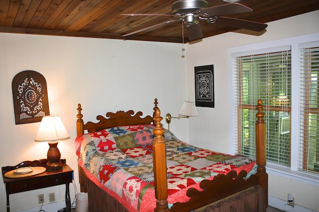 bedroom with ceiling fan and wooden ceiling