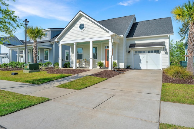 view of front of property featuring an attached garage, driveway, a front lawn, and covered porch