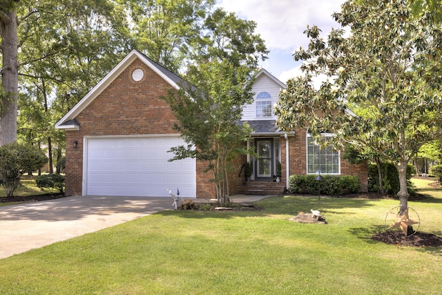 256 Ridge Lake Dr, Manning, SC 29102 - view of front of house featuring brick siding, concrete driveway, a front lawn, and an attached garage