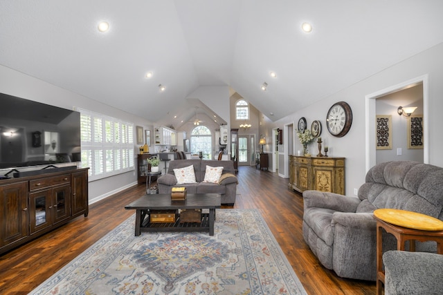 256 Ridge Lake Dr, Manning, SC 29102 - living room with dark wood-type flooring, baseboards, and high vaulted ceiling