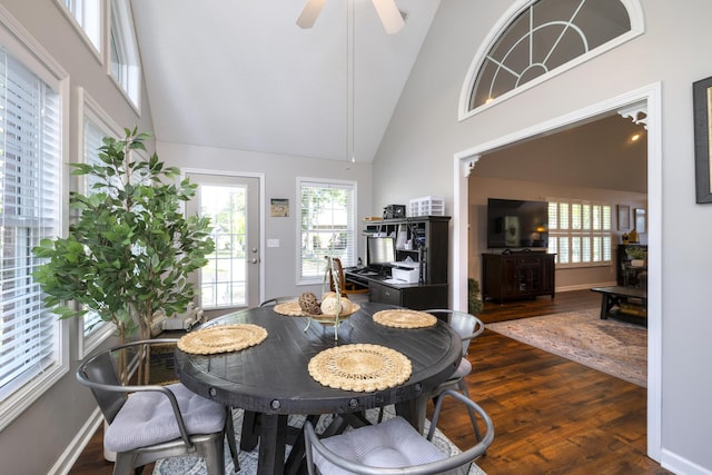 256 Ridge Lake Dr, Manning, SC 29102 - dining room featuring dark wood-style floors, high vaulted ceiling, a ceiling fan, and baseboards