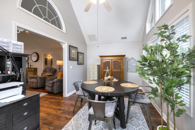 256 Ridge Lake Dr, Manning, SC 29102 - dining space featuring high vaulted ceiling, dark wood-style floors, ceiling fan, and baseboards