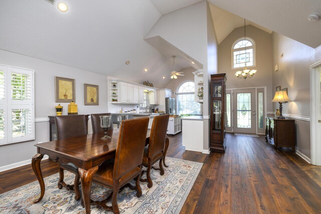 256 Ridge Lake Dr, Manning, SC 29102 - dining area with high vaulted ceiling, plenty of natural light, ceiling fan, dark wood-style floors, and baseboards