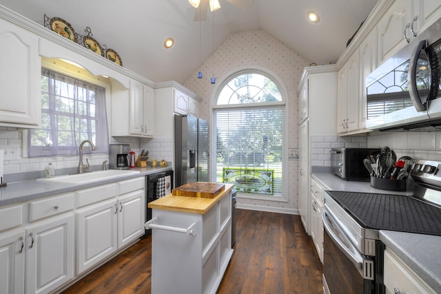 256 Ridge Lake Dr, Manning, SC 29102 - kitchen with stainless steel appliances, a sink, lofted ceiling, white cabinets, and butcher block countertops