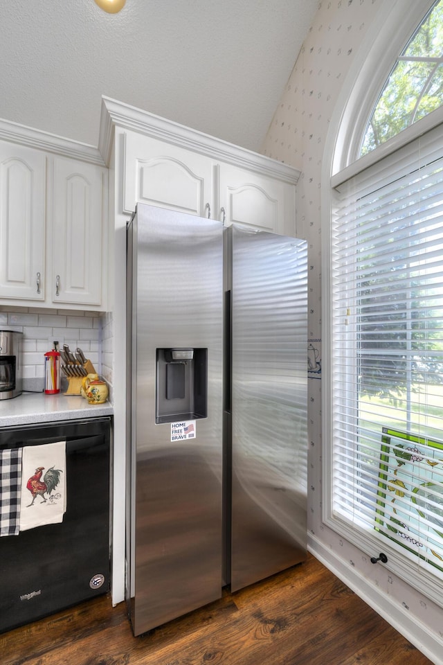 256 Ridge Lake Dr, Manning, SC 29102 - kitchen with stainless steel fridge, white cabinetry, decorative backsplash, light countertops, and dark wood finished floors