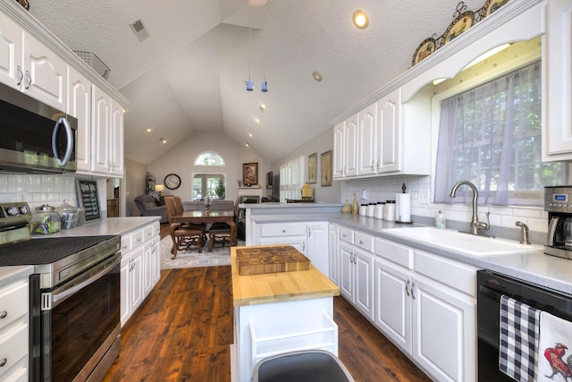 256 Ridge Lake Dr, Manning, SC 29102 - kitchen featuring stainless steel appliances, a sink, lofted ceiling, open floor plan, and white cabinetry