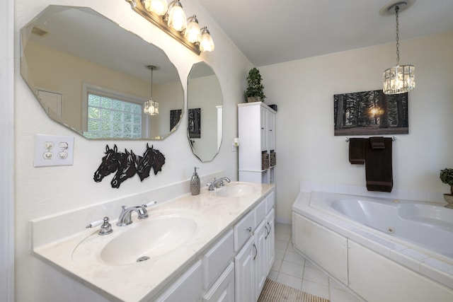 256 Ridge Lake Dr, Manning, SC 29102 - bathroom with a chandelier, tile patterned floors, a whirlpool tub, and double vanity