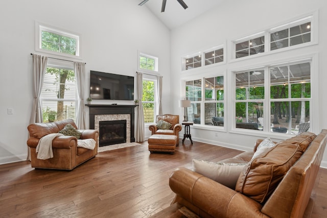 233 Camber Rd, Huger, SC 29450 - living area with a ceiling fan, a fireplace, hardwood / wood-style flooring, healthy amount of natural light, and high vaulted ceiling