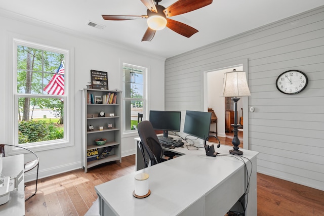 233 Camber Rd, Huger, SC 29450 - office with plenty of natural light, wood finished floors, wood walls, crown molding, and a ceiling fan