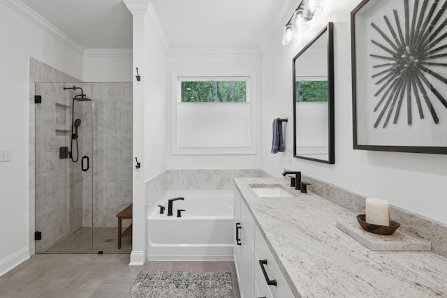233 Camber Rd, Huger, SC 29450 - full bath with a bath, a stall shower, vanity, ornamental molding, and tile patterned floors