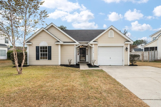 ranch-style home featuring a front yard and a garage