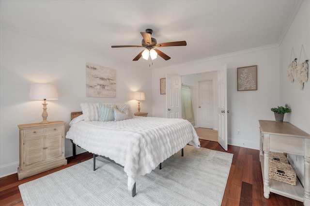 bedroom with ceiling fan, ornamental molding, and dark wood-type flooring